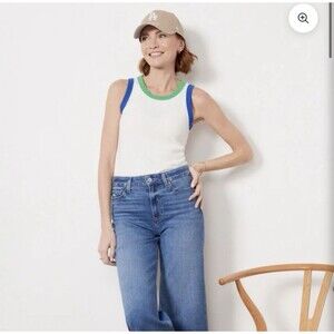 Evereve White Ringer Tank Top With Blue and Green Trim Size Small